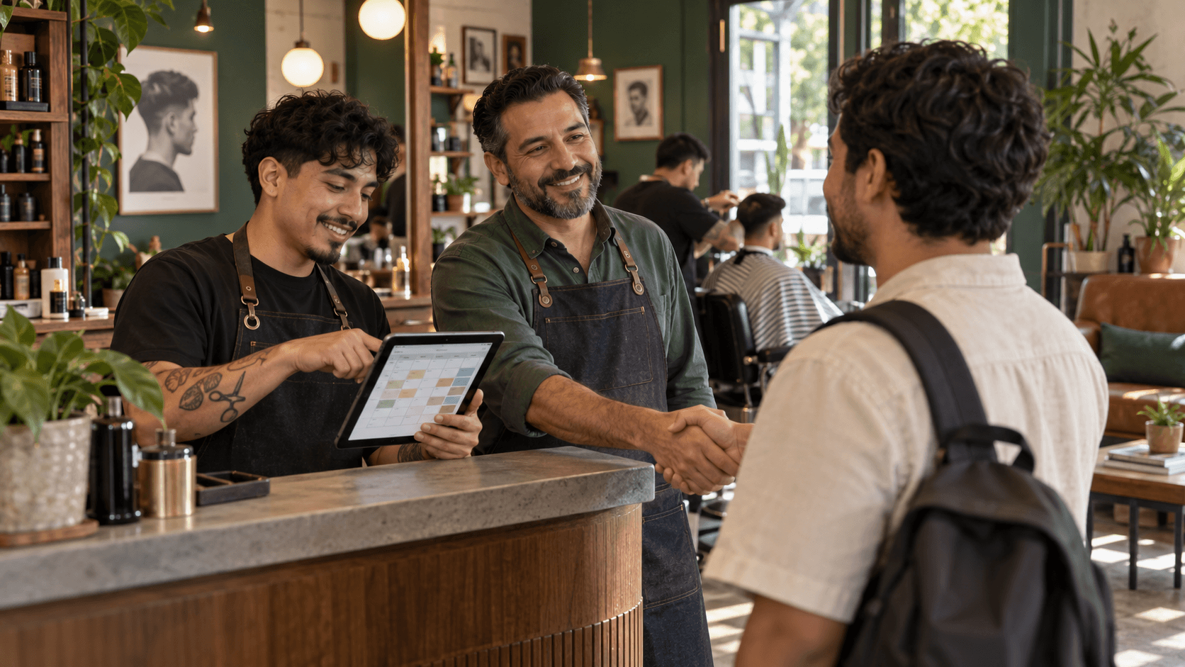 Barberos revisan juntos una agenda digital y reciben a un cliente.