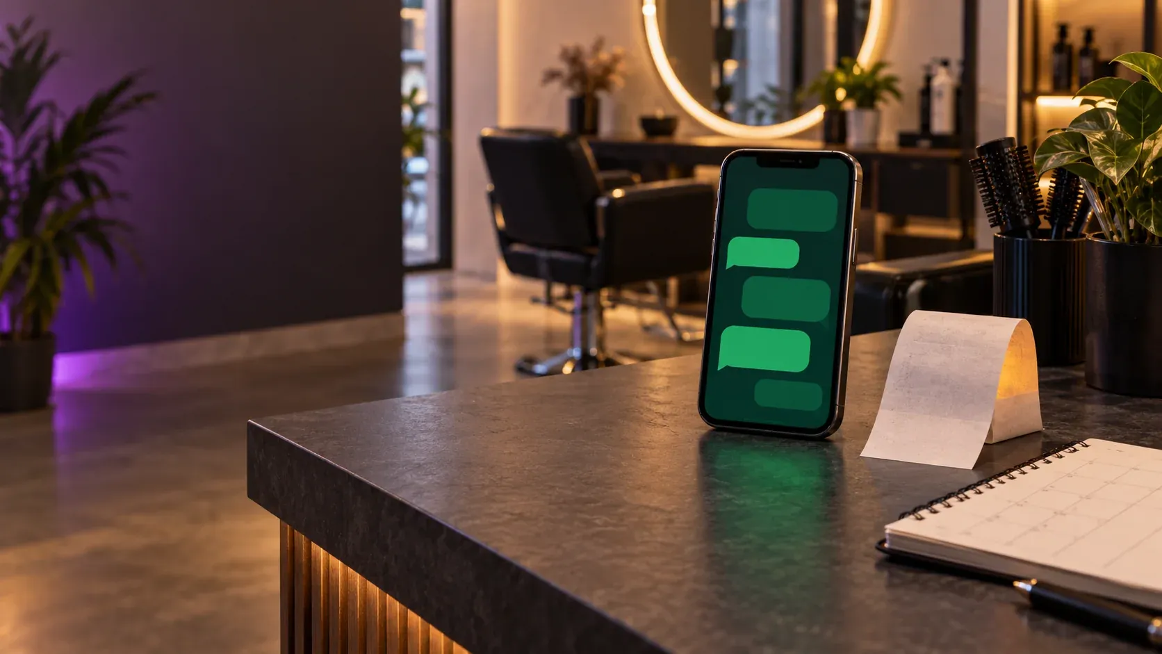 Un teléfono con mensajes de WhatsApp junto a un recibo y una agenda en el mostrador de un salón.